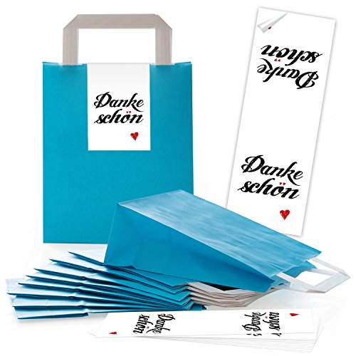 Logbuch-Verlag 10 blaue Henkeltüten aus Papier mit DANKESCHÖN Aufkleber weiß mit Herz - Papiertüte als Verpackung Geschenke Give-Away Kunden Gäste von Logbuch-Verlag