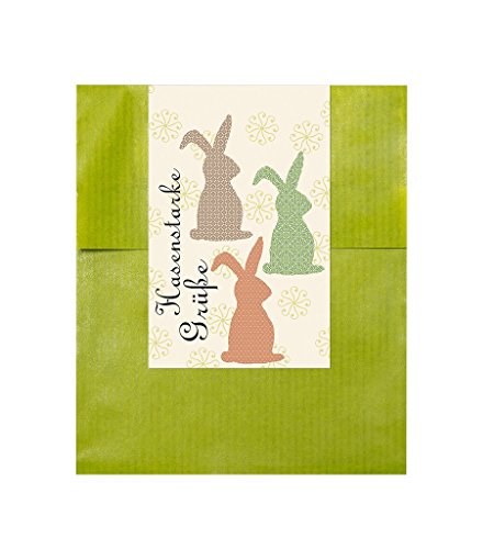 Logbuch-Verlag 10 flache Papiertüten grün 9,5 x 14,8 cm mit Ostersticker "Hasenstarke Grüße" - Osterhase Verpackung flach von Logbuch-Verlag