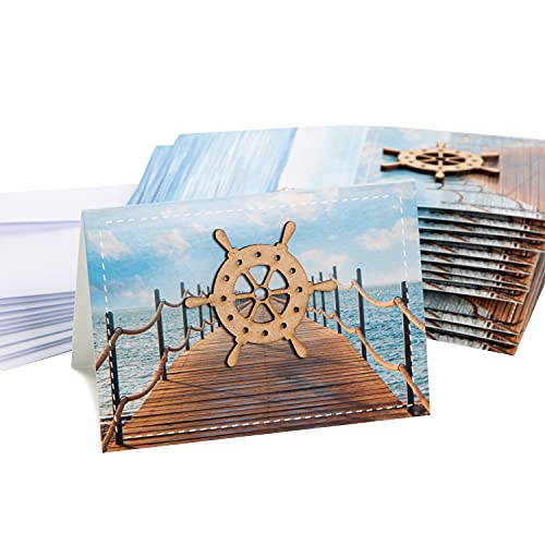 Logbuch-Verlag 10 geschäftliche Grußkarten maritim blau weiß mit Steuerrad aus Holz - Glückwunschkarten - nautische Klappkarten mit Kuvert von Logbuch-Verlag