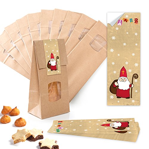 Logbuch-Verlag 10 kleine Fenster Papierbeutel Kraftpapier 10 x 6,5 x 27,5 cm Gebäcktüte Weihnachten HEILIGER NIKOLAUS Lebensmittel Tüte von Logbuch-Verlag