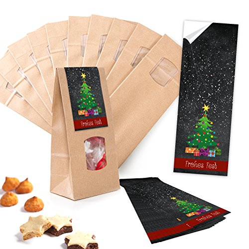 Logbuch-Verlag 10 kleine Gebäckbeutel Keksbeutel Weihnachten MIT FENSTER Kraftpapier Tüte Plätzchen verpacken Beutel Tüte MIT AUFKLEBER Banderole Baum 10 x 6,5 x 27,5 cm von Logbuch-Verlag