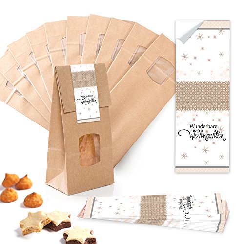 Logbuch-Verlag 10 kleine Kraftpapier Fenster Tüten Weihnachten braun natur weiß Gebäckbeutel 10 x 6,5 x 27 cm mit Aufkleber von Logbuch-Verlag