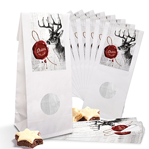 Logbuch-Verlag 10 kleine weiße Papiertüten mit Fenster + Hirsch Weihnachtsaufkleber - Plätzchtentüten Kekstüten Weihnachten 8 x 5 x 24,5 cm von Logbuch-Verlag