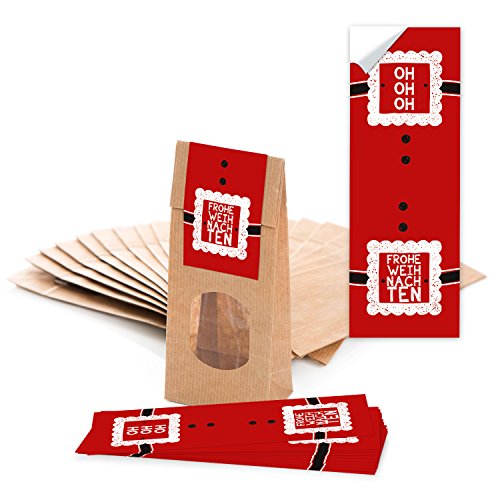 Logbuch-Verlag 100 braune Papiertüten m. Fenster 7 x 4 x 20,5 cm lebensmittelecht + 100 Aufkleber Sticker FROHE WEIHNACHTEN Verpackung Geschenk Pralinen von Logbuch-Verlag