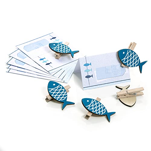 Logbuch-Verlag 12 Tischkarten Kommunion Kinder Taufe Geburtstag blau weiß mit Fische Klammer Namensschilder von Logbuch-Verlag