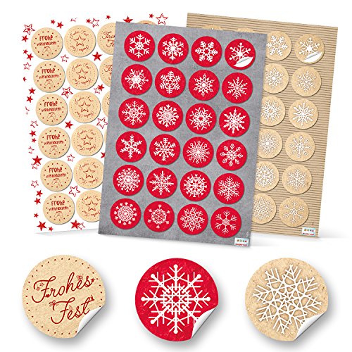 Logbuch-Verlag 2 x 72 Weihnachten Aufkleber Set mit Frohes Fest Text rot beige natur Schneeflocken neutral 4 cm von Logbuch-Verlag