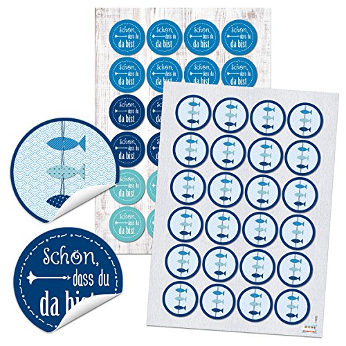 Logbuch-Verlag 2 x 96 Geschenkaufkleber - SCHÖN DASS DU DA BIST + FISCHE Sticker rund selbstklebend Ø 4 cm - Aufkleber Set blau türkis weiß maritim für Taufe Kommunion Firmung von Logbuch-Verlag