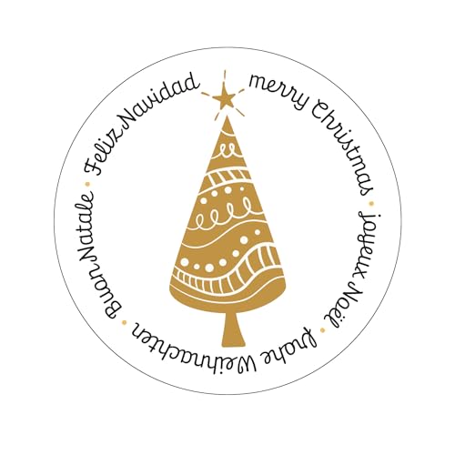 Logbuch-Verlag 200 Weihnachtssticker Frohe Weihnachten Etiketten auf Rolle international mehrsprachig Baum gold weiß Ø 5 cm von Logbuch-Verlag