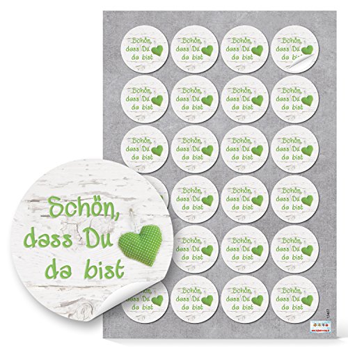 Logbuch-Verlag 24 Aufkleber SCHÖN DASS DU DA BIST grün weiß mit Herz - rund ∅ 4 cm - Geschenkaufkleber Gastgeschenke Hochzeit Taufe Kommunion von Logbuch-Verlag