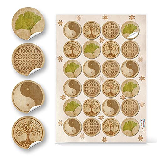 Logbuch-Verlag 24 Aufkleber Yin Yang Lebensbaum Lebensblume Ginkgo spirituelle Symbole Sticker Etiketten natur braun grün von Logbuch-Verlag
