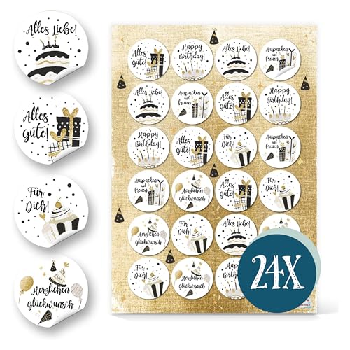 Aufkleber Glückwünsche, 24 Stück: Geschenkaufkleber, Geburtstagsaufkleber mit Sprüchen, Sticker Geburtstag, Für Geschenke, Happy Birthday, Alles Gute, Zum Aufkleben, Erwachsene & Kinder, Klein, ⌀ 4 cm von Logbuch-Verlag