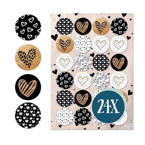 Herz-Aufkleber, 24 Stück: Runde Sticker mit Herzen, Geschenkaufkleber Rund, Geburtstagsaufkleber Geschenke, Geburtstag, Hochzeit, Freundschaft & Liebe, Zum Aufkleben, Schwarz, Weiß & Gold, ⌀ 4 cm von Logbuch-Verlag