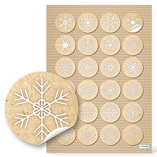 Logbuch-Verlag 24 Weihnachten Aufkleber weiß beige Kraftpapier Schneeflocken Geschenkaufkleber 4 cm selbstklebend rund natur von Logbuch-Verlag