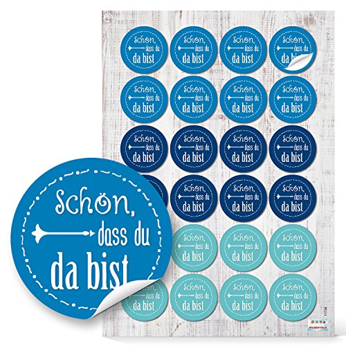 Logbuch-Verlag 24 Schön, dass du da bist Aufkleber blau türkis Ø 4 cm Hochzeit Taufe Tischdeko Gastgeschenk Verzierung von Logbuch-Verlag