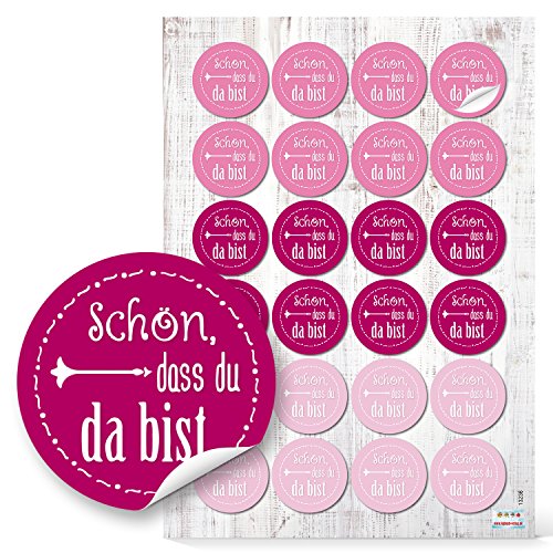 Logbuch-Verlag 24 Schön, dass du da bist Sticker rosa pink Ø 4 cm - Deko Aufkleber Gastgeschenk Verpackung Taufe Babyparty Mädchen von Logbuch-Verlag
