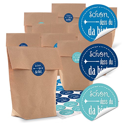 Logbuch-Verlag 24 Schön dass du da bist Geschenktüten mit Sticker blau türkis - Gastgeschenk Mitgebsel Verpackung Geburtstag Hochzeit Taufe Kommunion 14 x 22 x 5,6 cm von Logbuch-Verlag