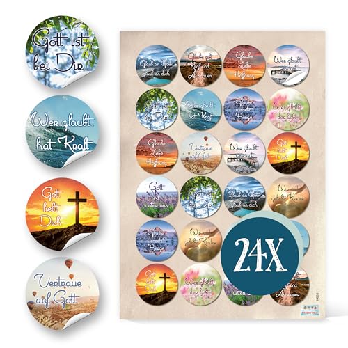 Spruchaufkleber, 24er Set: Runde Sticker mit Sprüchen, Aufkleber Rund, Spruch Gott & Glaube, Geschenkaufkleber Sprüche, Religiöse Geschenke, Zum Aufkleben, Kirche, Kommunion & Taufe, ⌀ 4 cm von Logbuch-Verlag
