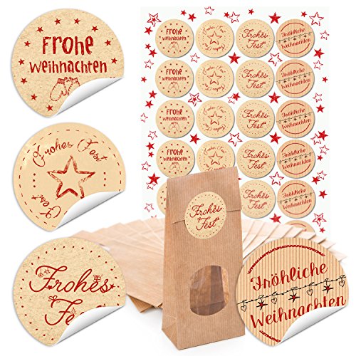 Logbuch-Verlag 24 Weihnachten Papiertüten Keksbeutel Blockbodenbeutel MIT FENSTER und Weihnachtsaufkleber Verpackung Tüte Beutel Lebensmittel Gebäck 7 x 4 x 20,5 cm von Logbuch-Verlag