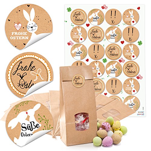 Logbuch-Verlag 24 große Papiertüten lebensmittelecht mit Sticker FROHE OSTERN - Papier Verpackung mit Fenster 10,5 x 6,5 x 29 cm Ostertüten Lebensmittel von Logbuch-Verlag