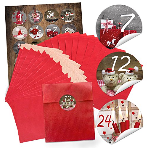 Logbuch-Verlag 24 kleine Adventskalender Tüten zum Befüllen Papiertüten flach Umschläge rot mit Adventskalenderzahlen 13 x 18 cm von Logbuch-Verlag