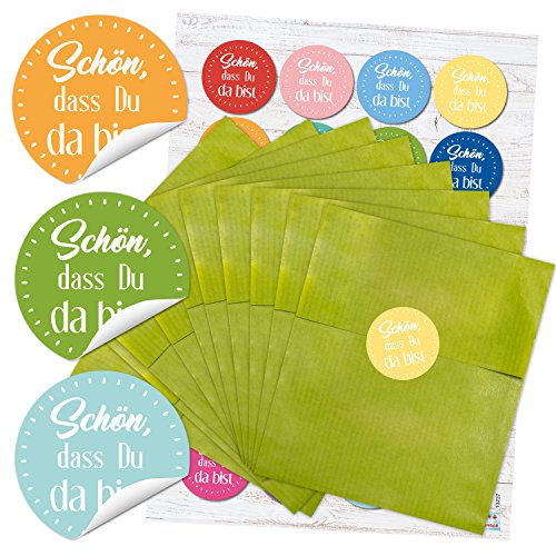 Logbuch-Verlag 24 kleine Gastgeschenk Papiertüten grün bunt mit Sticker Schön, dass du da bist Willkommensgeschenk Verpackung flach 13 x 18 cm von Logbuch-Verlag