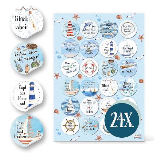 Maritime Aufkleber, 24er Set: Sticker mit Boot, Rettungsring & Leuchtturm, Spruchaufkleber, Deko Sommer, Meer & Strand, Maritim, Dekoration für Karten, Geschenke & Party, Dekosticker Klein, Ø 4 cm von Logbuch-Verlag
