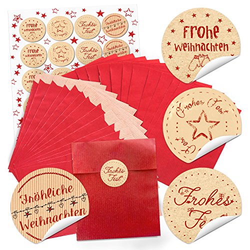 Logbuch-Verlag 24 rote Papiertüten Weihnachtstüten + 24 Aufkleber Weihnachtswünsche Verpackung braun beige Weihnachtsgrüße Geschenk Frohe Weihnachten von Logbuch-Verlag