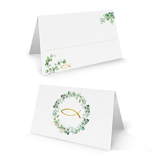 Tischkarten Set, 25 Stück: Eukalyptus Fisch Gold, Namensschilder für Kommunion, Konfirmation, Firmung, Hochzeit & Taufe, Christliche Festdeko Tisch, Platzkarten zum Beschriften, 8,5 x 5,5 cm Tischkarten Set, 25 Stück: Eukalyptus Fisch Gold, Namensschilder für Kommunion, Konfirmation, Firmung, Hochzeit & Taufe, Christliche Festdeko Tisch, Platzkarten zum Beschriften, 8,5 x 5,5 cm von Logbuch-Verlag