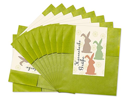 Logbuch-Verlag 25 flache Papiertüten grün 9,5 x 14,8 cm mit Ostersticker "Hasenstarke Grüße" - Osterhase Verpackung flach von Logbuch-Verlag