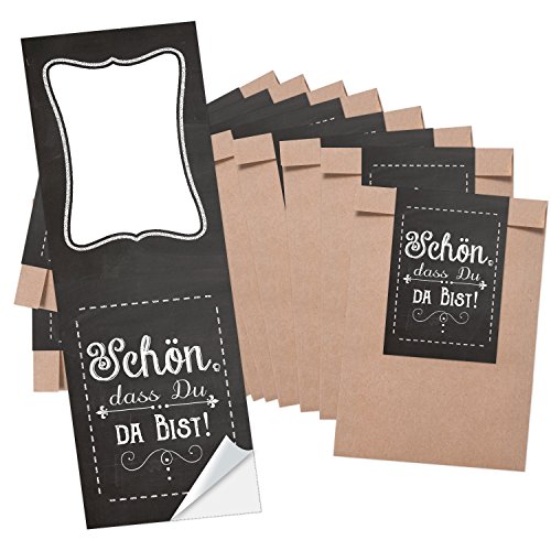 Logbuch-Verlag 25 kleine flache Papiertüten braun 8,5 x 13 cm + SCHÖN, DASS DU DA BIST Aufkleber schwarz weiß - Verpackung Gastgeschenke von Logbuch-Verlag