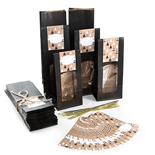 Logbuch-Verlag 25 schwarze Standbodenbeutel für 250-500 g Inhalt - weihnachtliche Papiertüte mit Sichtfenster 26,5 x 8,5 x 5 cm von Logbuch-Verlag