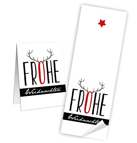 Logbuch-Verlag 25 weiße Aufkleber Sticker FROHE WEIHNACHTEN Rentier Hirsch rot schwarz 5 x 14,8 cm Verpackung Geschenke Weihnachtsaufkleber von Logbuch-Verlag