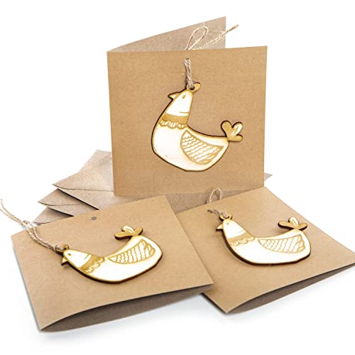 Logbuch-Verlag 3 Klappkarten aus Kraftpapier mit Huhn aus Holz - Osterkarte Ostergrußkarte leer zur freien Gestaltung 15 x 15 cm von Logbuch-Verlag
