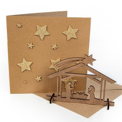 Logbuch-Verlag 3 Klappkarten aus Kraftpapier mit glitzernden Sternen + Weihnachtskrippe aus Holz - Weihnachtskarte mit mini Geschenk von Logbuch-Verlag
