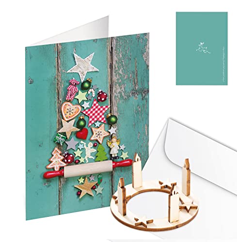 Logbuch-Verlag 3 Weihnachtskarten türkis bunt mit Mini Adventskranz aus Holz + Umschläge - Doppelkarte Weihnachten mit Mini-Geschenk von Logbuch-Verlag