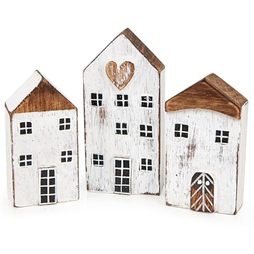 Logbuch-Verlag 3 kleine Deko Häuser aus Holz Landhaus-Stil Holzhäuser Dekoration zum Hinstellen 16 cm weiß Herz von Logbuch-Verlag
