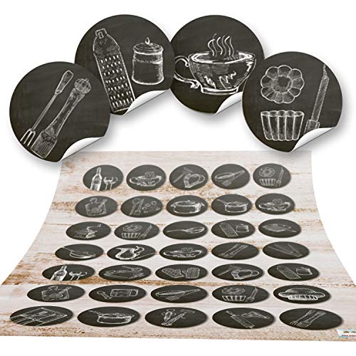 Logbuch-Verlag 35 schwarz-weiße Küchen Aufkleber Sticker rund 3,2 cm vintage Verzierung eigenes Kochbuch Küchenutensilien von Logbuch-Verlag