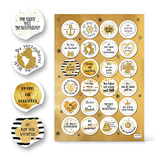 Spruchaufkleber, 48er Set: Runde Sticker mit Sprüchen, Aufkleber Rund, Spruch Liebe & Freundschaft, Geschenkaufkleber Sprüche, Zum Aufkleben, Erwachsene & Kinder, Geschenk Geburtstag, Gold, ⌀ 4 cm Spruchaufkleber, 48er Set: Runde Sticker mit Sprüchen, Aufkleber Rund, Spruch Liebe & Freundschaft, Geschenkaufkleber Sprüche, Zum Aufkleben, Erwachsene & Kinder, Geschenk Geburtstag, Gold, ⌀ 4 cm von Logbuch-Verlag