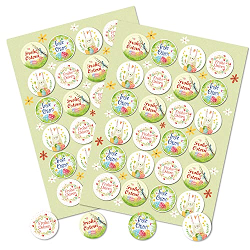 Aufkleber Set Ostern: 48 Runde Ostersticker, Hochwertiger Druck, Bunt mit Osterhasen & Frohe Ostern Schriftzug, Osteraufkleber für Geschenke, Tüten & Karten, Selbstklebend, Made in Germany, ⌀ 4 cm von Logbuch-Verlag