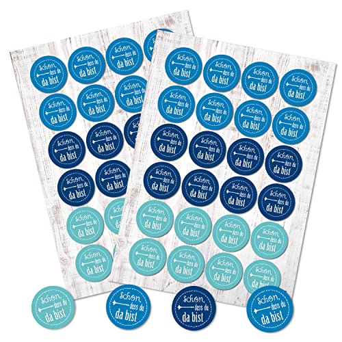Logbuch-Verlag 48 Sticker "Schön dass du da bist" Aufkleber blau türkis hellblau Ø 4 cm Gastgeschenk Willkommensgeschenk Etiketten selbstklebend von Logbuch-Verlag