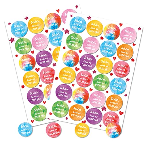 Spruchaufkleber, 48er Set: Runde Sticker mit Sprüchen, Aufkleber Rund, Spruch Schön Dass Es Dich Gibt, Geschenkaufkleber Sprüche, Zum Aufkleben, Erwachsene & Kinder, Geschenk Freundschaft, ⌀ 4 cm von Logbuch-Verlag