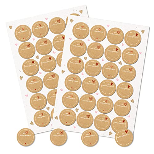 Logbuch-Verlag 48 Sticker zum Beschriften Mit Herz selbstgemacht - rund 4 cm Kraftpapier-Optik - Marmeladenaufkleber Haushaltsetiketten beschreibbar von Logbuch-Verlag