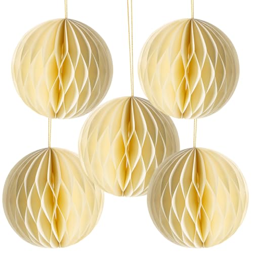 Logbuch-Verlag 5 Papierkugeln mit Magnetverschluss Ø 10 cm Honeycomb Weihnachtskugeln aus Papier Creme Beige von Logbuch-Verlag