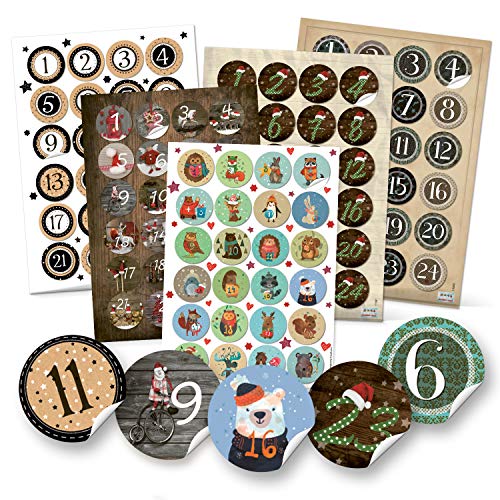 Adventskalender Zahlen Aufkleber, 5 x 24 Stück: Sticker Ziffern Kalender 1 bis 24, Zahlensticker Weihnachten, Zahlenaufkleber Advent, Adventskalenderzahlen zum Aufkleben, Etiketten Nummern, Ø 4 cm von Logbuch-Verlag