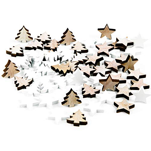Logbuch-Verlag 56 Streuteile Holz Weihnachten Bäume und Sterne braun weiß 2,5 cm Streudeko weihnachtlich Tischdeko von Logbuch-Verlag