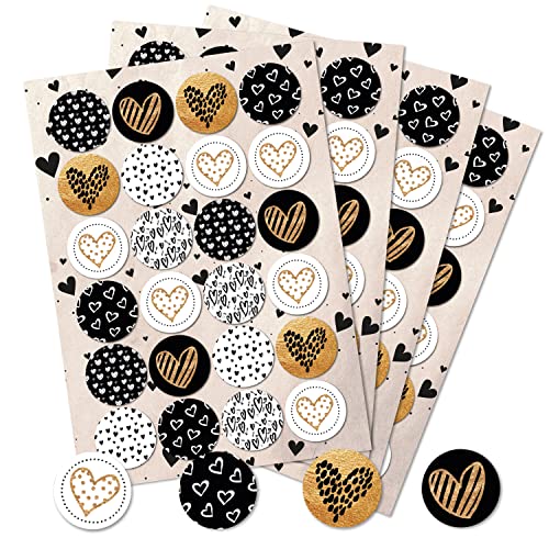 Herz-Aufkleber, 96 Stück: Runde Sticker mit Herzen, Geschenkaufkleber Rund, Geburtstagsaufkleber Geschenke, Geburtstag, Hochzeit, Freundschaft & Liebe, Zum Aufkleben, Schwarz, Weiß & Gold, ⌀ 4 cm von Logbuch-Verlag