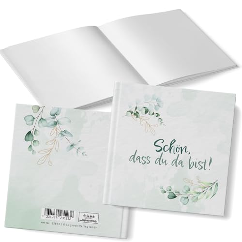 Logbuch-Verlag Gästebuch Schön, dass du da bist Eukalyptus grün weiß leeres Buch zum Eintragen für Gäste Hochzeit Taufe 18 x 18 cm von Logbuch-Verlag