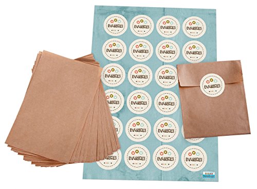 Logbuch-Verlag Geschenktüten-Set 24 Mini Papiertüten braun 10,5 x 15 cm + 24 Aufkleber DANKE 4 cm beige mit bunten Herzen - Verpackung Give-Away von Logbuch-Verlag