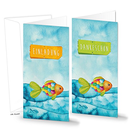 Logbuch-Verlag Karten Set 10 Einladungskarten + 10 Dankeskarten Fisch Regenbogenfisch bunt - Einladung & Danke Karten MIT KUVERT - Taufe Kommunion von Logbuch-Verlag