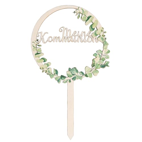 Cake Topper Kommunion: Tortendeko aus Holz, Caketopper Eukalyptus, Tortenstecker Erstkommunion, Kuchendeko für Junge & Mädchen, Tortentopper Hergestellt in Deutschland, Kuchedekor, 20 x 12 cm von Logbuch-Verlag